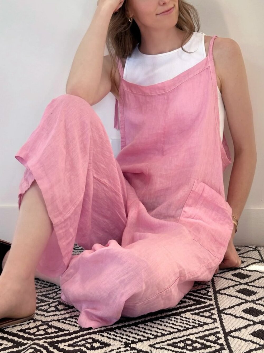 Meo Meli Italy 100% Linen Jumpsuit Wide Leg Crop Bubblegum Pink Tie Shoulder OS
